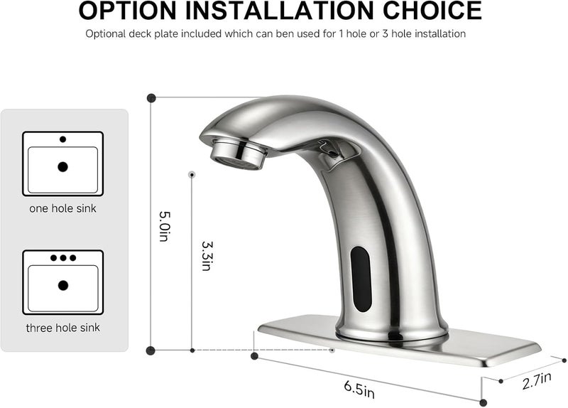 AOLIHAN Touchless Bathroom Sink Faucet Automatic Motion Sensor Commercial Bathroom Faucet with Deck Plate,1 Hole or 3 Hole Solid Brass Faucet,AC/DC Powered,Hot Cold Mixer,Brushed Nickel - Image 5